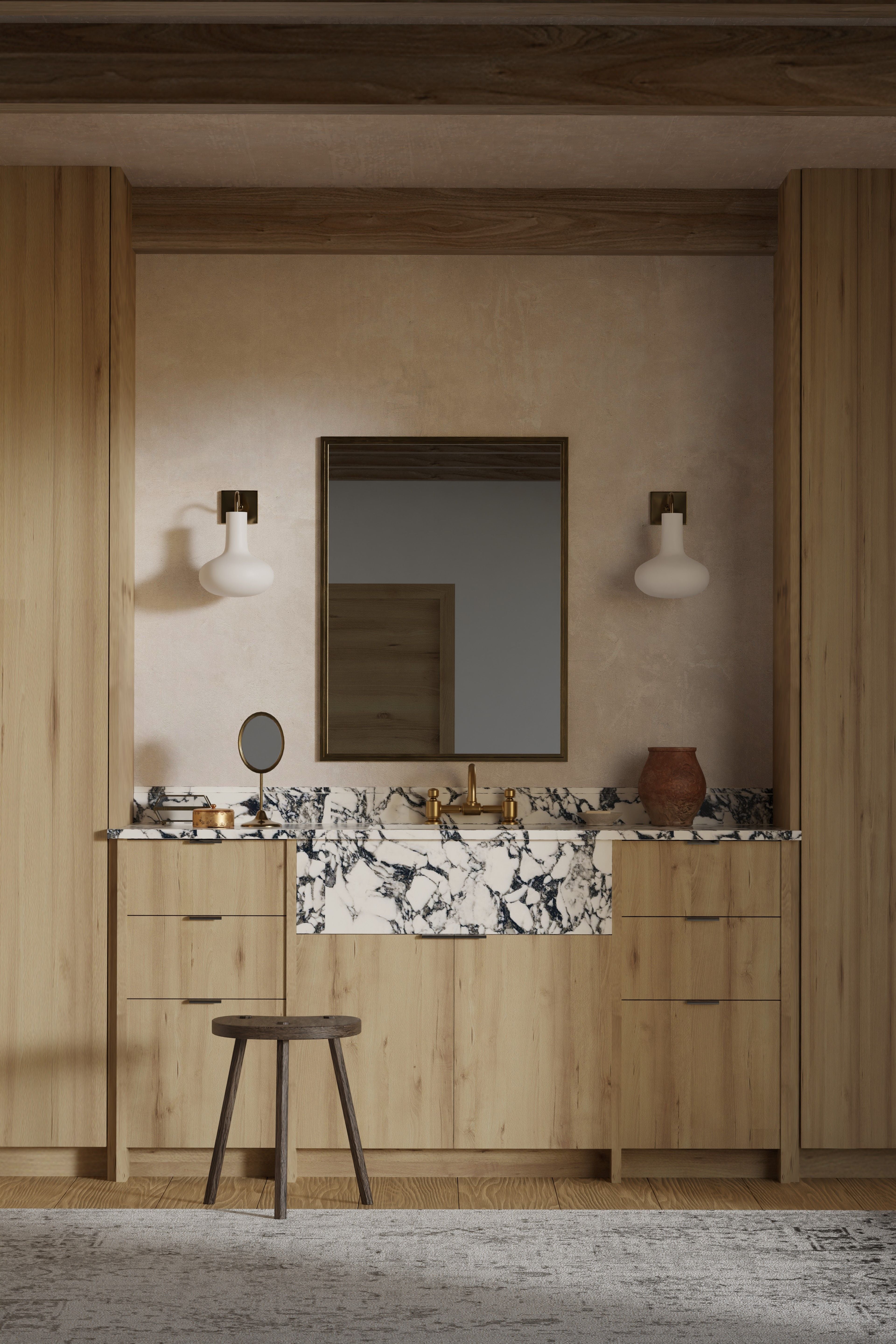 Wall sconces beside a bathroom mirror